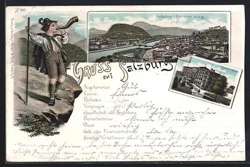 Lithographie Salzburg, Blick vom Elektrischen Aufzug und Hotel de l`Europe