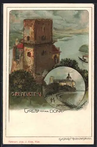 Lithographie Greifenstein /Donau, Burgblick mit Donau und Persenbeug