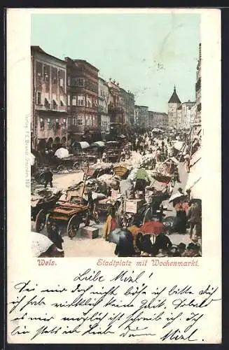 AK Wels, Stadtplatz mit Wochenmarkt