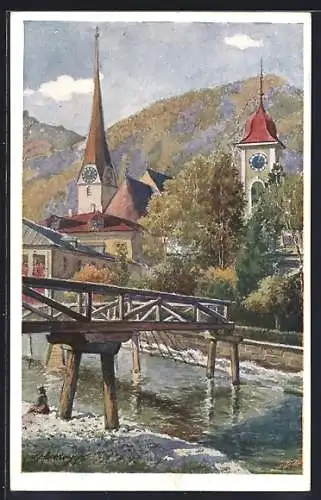 Künstler-AK E.F. Hofecker: Ischl, Flusspartie mit Brücke