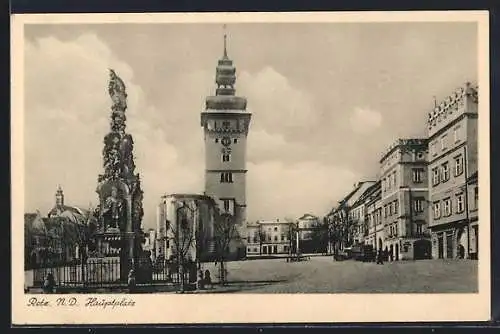 AK Retz /N. D., Hauptplatz mit Pestsäule und Rathaus