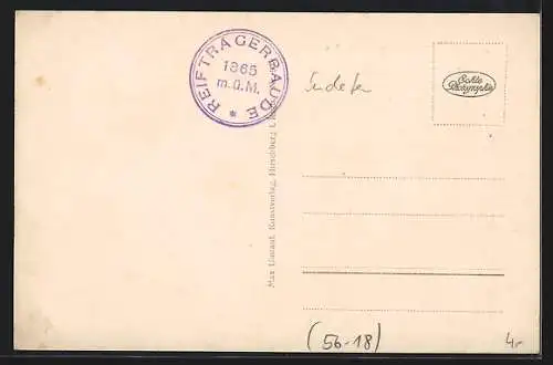 AK Reifträgerbaude, Aussenansicht der überreiften Berghütte, mit Hüttenstempel
