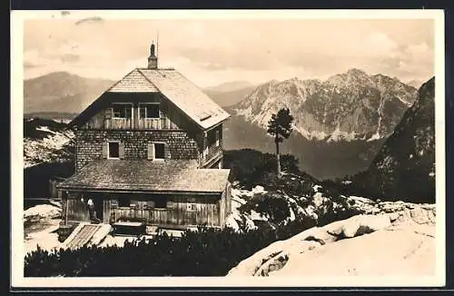 AK Wiesberghaus /Dachsteingebiet, DJH-Schutzhaus im Bergidyll