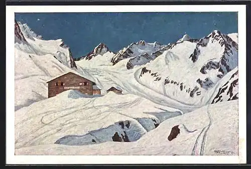 Künstler-AK Franz Senn-Hütte /Stubaital, Ansicht mit dem Alpeinerferner