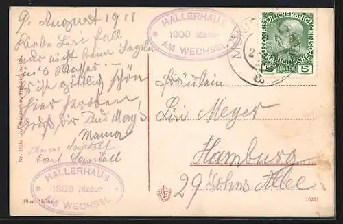 AK Haller-Schutzhaus am Wechsel, Ansicht zwischen Nadelbäumen