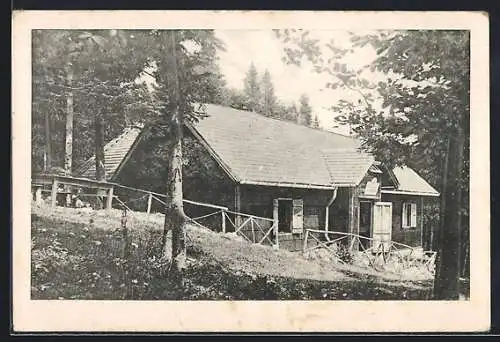 AK Herrgottschnitzerhütte am Wandeck, Ansicht im Wald an der Hohen Wand