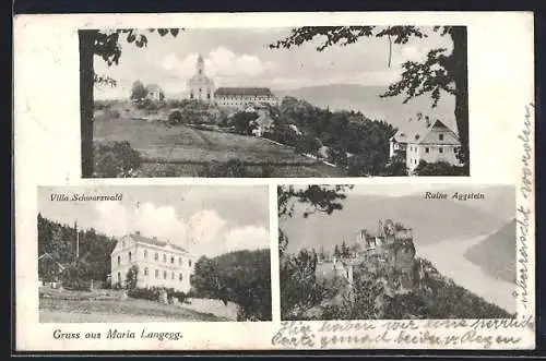 AK Maria Langegg, Villa Schwarzwald, Ruine Aggstein und Ortsansicht