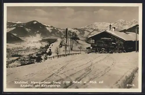 AK Kitzbühel, Alpen-Gasthaus Stang, Blick auf Kitzbühel und Kaisergebirge