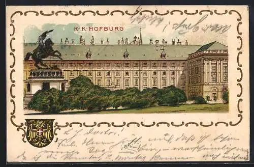 Lithographie Wien, K. k. Hofburg mit Reiterstatue, Wappen