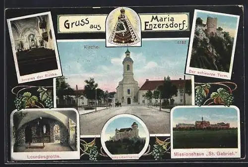 AK Maria Enzersdorf, Missionshaus St. Gabriel, Lourdesgrotte, Burg Lichtenstein, Der schwarze Turm