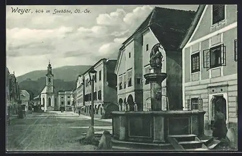 AK Weyer, Häuserpartie mit Brunnen