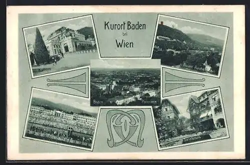 AK Baden, Kurhaus, Strandbad, Panorama, Ruine Rauheneck, Sanatorium