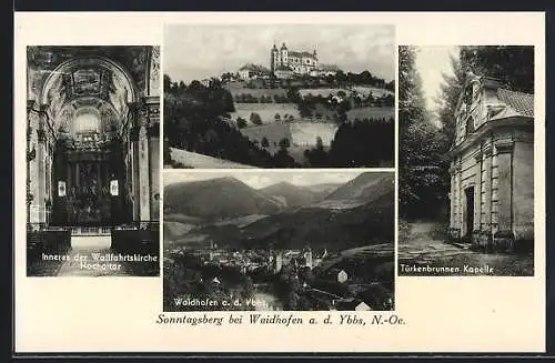 AK Sonntagberg, Wallfahrtskirche, Innen- und Aussenansicht, Türkenbrunnenkapelle