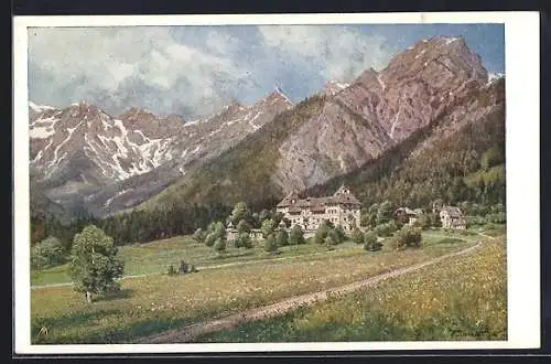 Künstler-AK Blühnbach /Salzburg, Landstrasse mit Bergpanorama