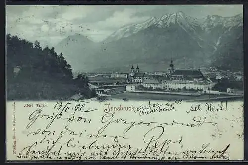 Mondschein-AK Innsbruck, Abtei Wilten mit Bergpanorama