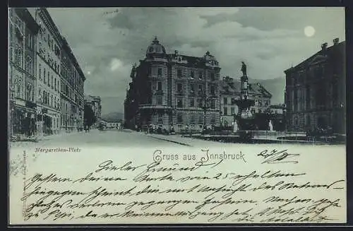 Mondschein-AK Innsbruck, Margarethen-Platz mit Denkmal