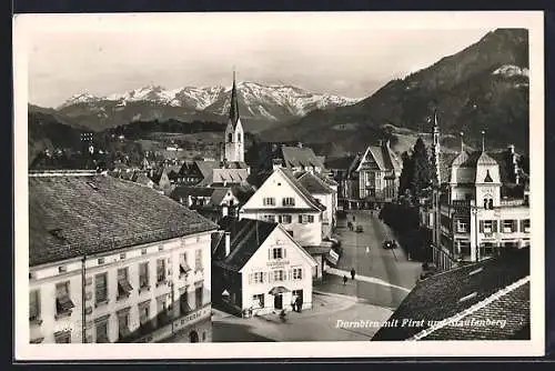 AK Dornbirn, Strassenpartie mit Restaurant und Geschäft Xaver Hess, First und Staufenberg