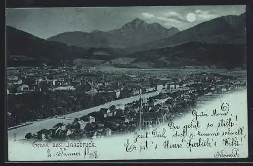 Mondschein-AK Innsbruck, Stadtpanorama mit Flusspartie