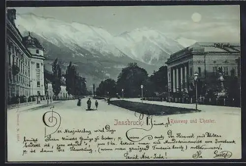 Mondschein-AK Innsbruck, Rennweg und Theater mit Bergpanorama