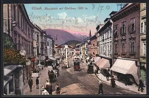 AK Villach, Hauptplatz mit Görlitzen, Geschäfte, Pferdekutsche