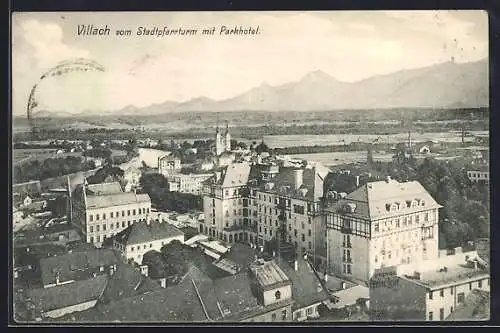 AK Villach, Teilansicht vom Stadtpfarrturm mit Parkhotel