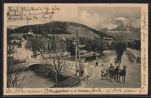 AK Payerbach, Blick zum Ort an der Südbahn, Pferdekutsche