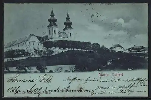 Mondschein-AK Maria-Taferl, Blick zur Wallfahrtskirche