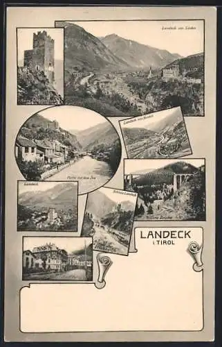 AK Landeck, Ruine Schroffenstein, Innpartie, Trisana Brücke, Schloss