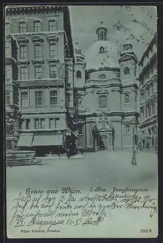 Mondschein-AK Wien, Jungferngasse mit Peterskirche