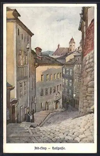 Künstler-AK Linz a. d. Donau, Strassenpartie der Hofgasse in der Altstadt