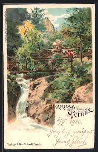 Lithographie Pernitz, Ausflüglerin auf einer Brücke über einer Flussschnelle