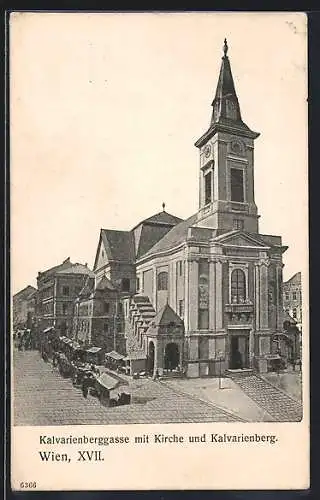 Künstler-AK Wien-Hernals, Kalvarienberggasse mit Kirche und Kalvarienberg