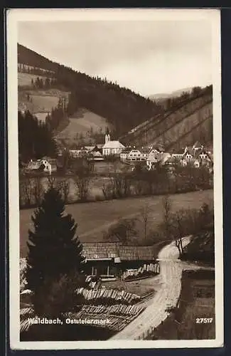 AK Waldbach, Teilansicht mit Blick auf die Kirche, Berge