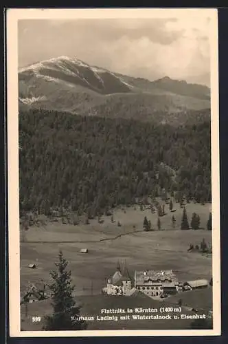 AK Flattnitz in Kärnten, Kurhaus Ladinig mit Wintertalnock und Eisenhut