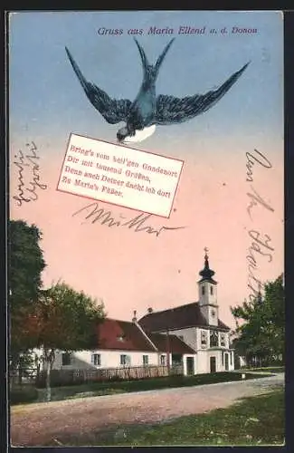 AK Maria Ellend a. d. Donau, Kirche mit Strasse, Fliegende Schwalbe mit Grussbotschaft