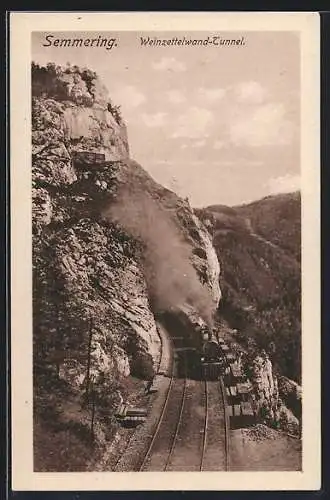 AK Semmering, Weinzettelwand-Tunnel mit Eisenbahn aus der Vogelschau