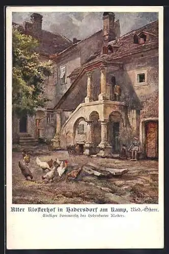 Künstler-AK Hadersdorf am Kamp, Alter Klosterhof, Hühner, Kinder