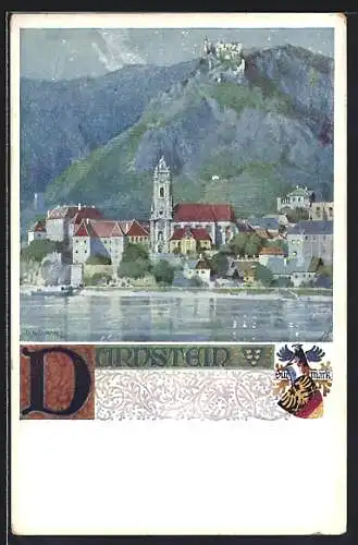 Künstler-AK R. Assmann: Dürnstein, Teilansicht, Wappen