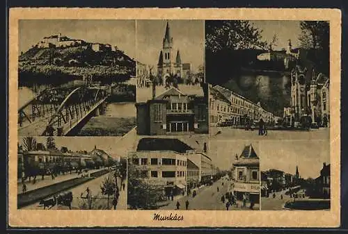 AK Munkács, Flusspartie mit Brücke, Strassenpartie, Kirche