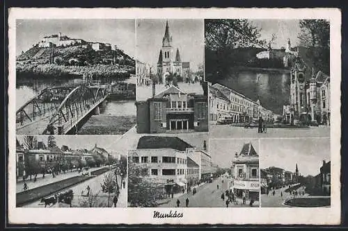 AK Munkács, Strassenpartie mit Geschäften, Brücke, Kirche und Schloss