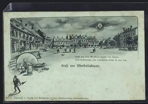 Mondschein-AK Oberhollabrunn, Ortsansicht aus Sicht eines Betrunkenen