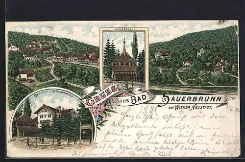 Vorläufer-Lithographie Bad Sauerbrunn bei Wiener Neustadt, 1895, Gasthof und Restaurant, Sauerbrunn, Ortsansicht