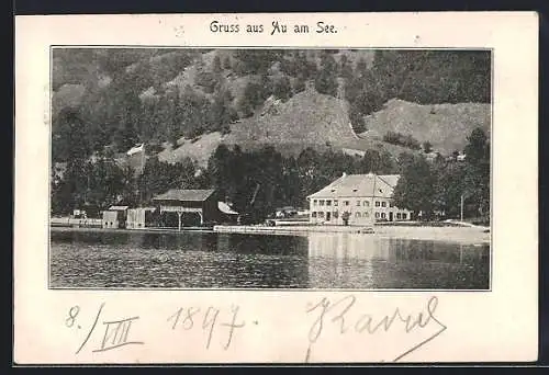 AK Unterach am Attersee, Au am Mondsee vom Wasser aus