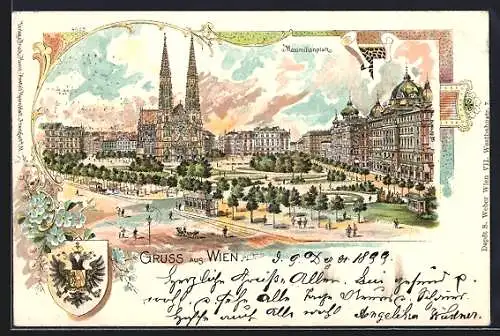 Lithographie Wien, Maximilianplatz mit Votivkirche