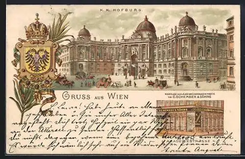 Lithographie Wien, K. k. Hofburg, Brückenwagen-Fabrik C. Schember & Söhne