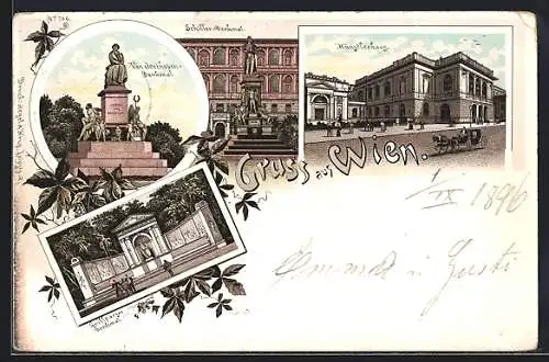 Lithographie Wien, Künstlerhaus, Schiller-Denkmal, Van Beethoven- und Grillparzer-Denkmal