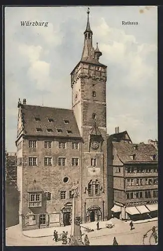 AK Würzburg, Rathaus mit Denkmal aus der Vogelschau