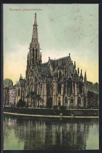 AK Stuttgart, Johanniskirche vom Wasser aus