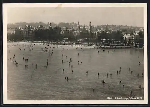 AK Zürich, Zürichseegefrörne 1929, der zugefrorene Zürichsee aus der Vogelschau