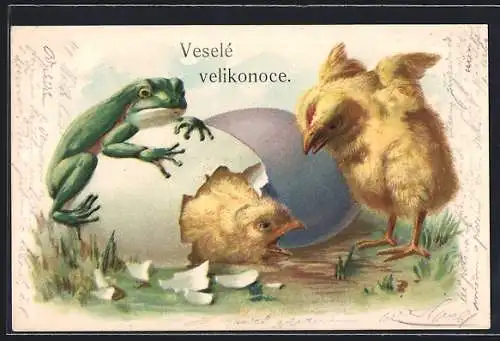 AK Zwei Osterküken und ein Frosch, Ostergruss